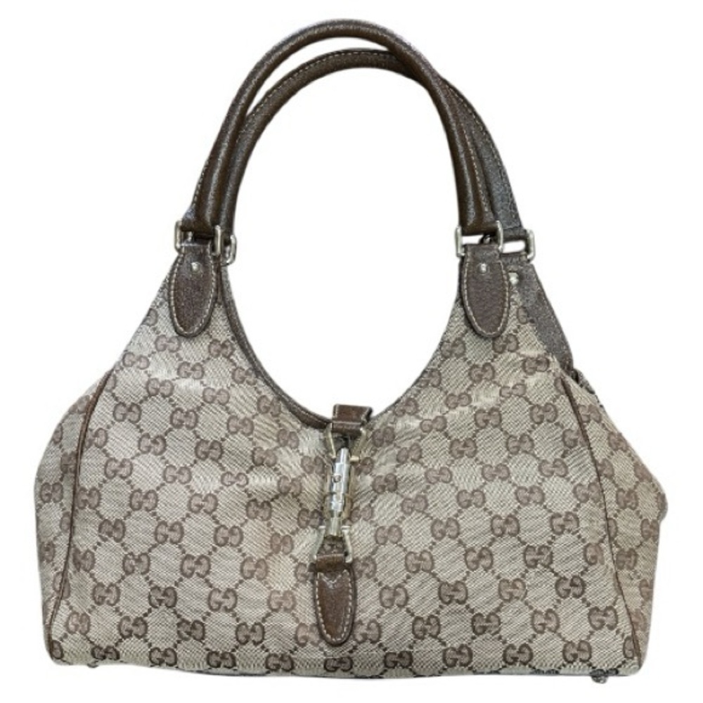 GUCCI Vintage Jackie Canvas Monogram Calfskin Bardot Tote in Brown Tan